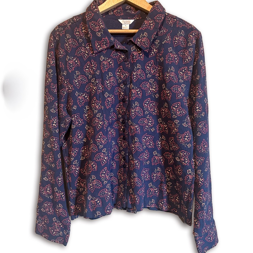 Christopher & Banks Womens XL Blouse Blue Floral Leaf Print Button Down Shirt